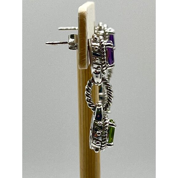 Chapal Zenray Thailand Sterling Silver Peridot Amethyst Dangle Earrings Textured - Picture 4 of 8